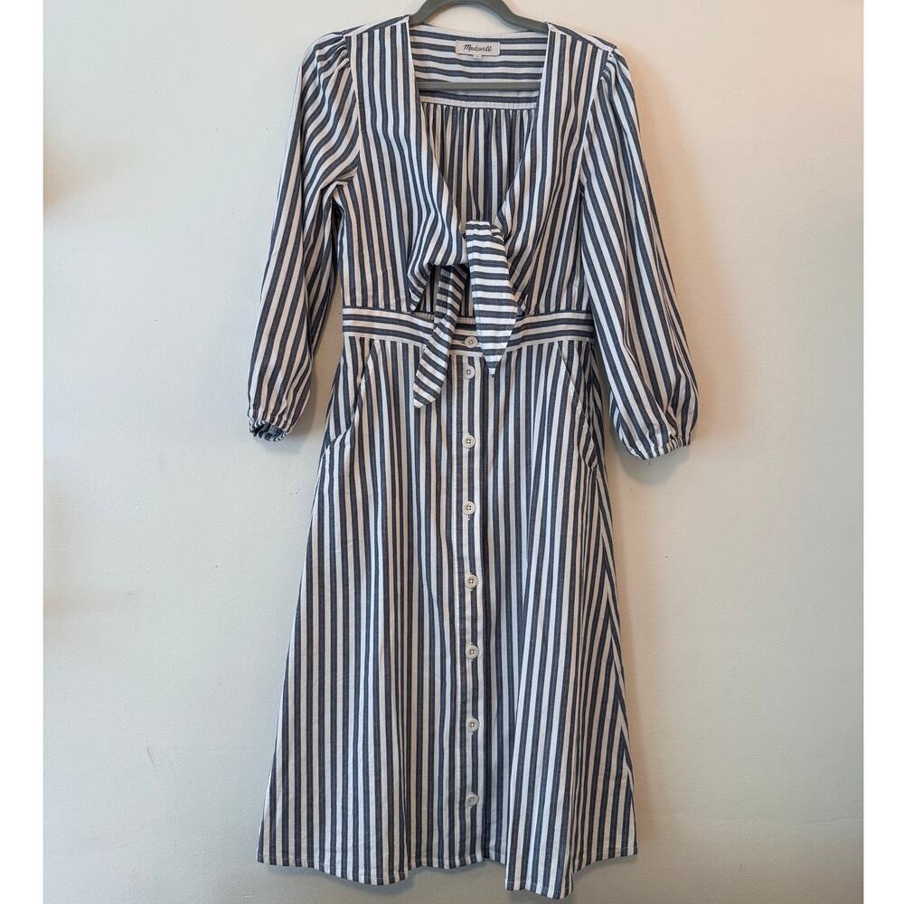 Madewell tie-front navy white stripe midi dress size 10